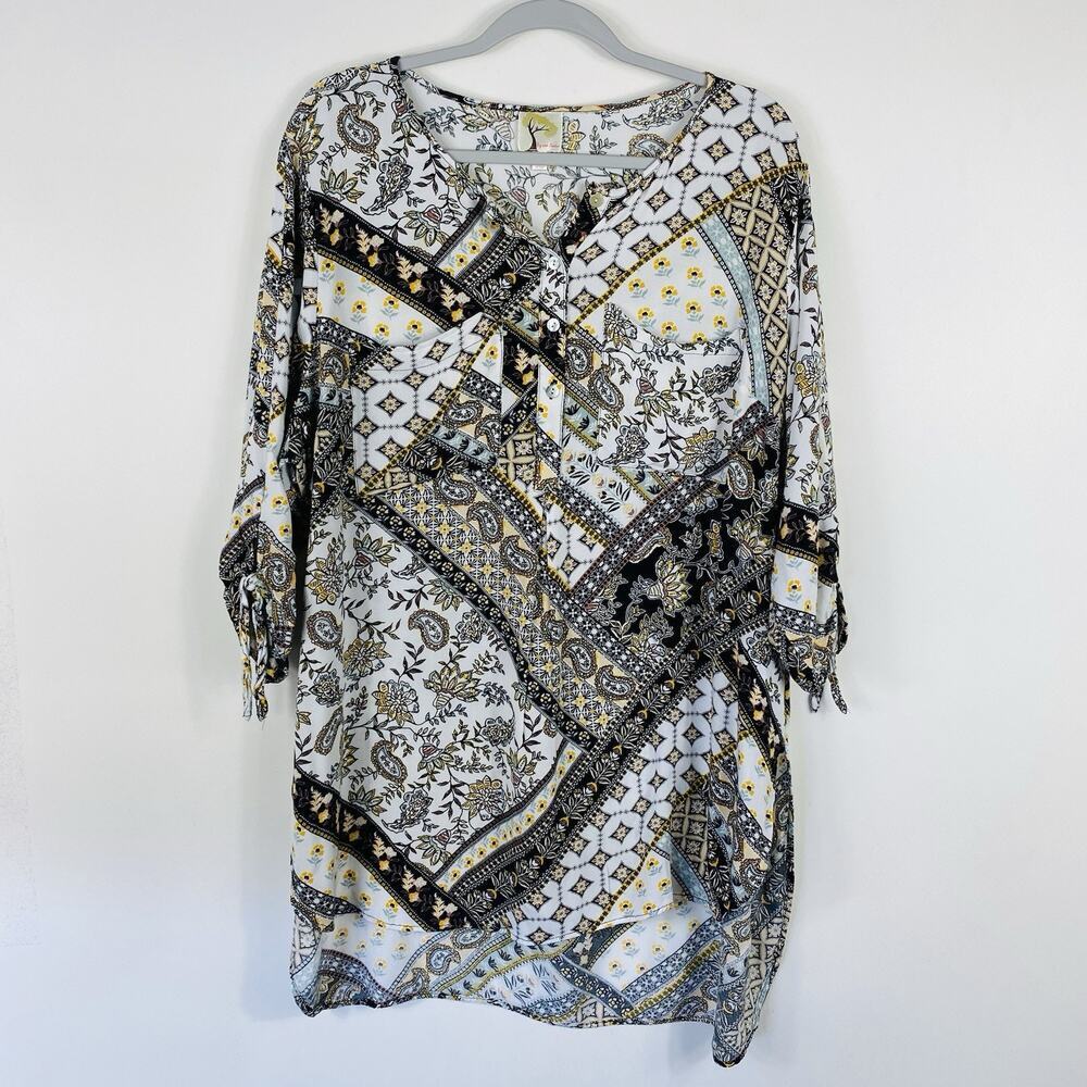 Fig & Flower Top 2X Floral Tie Sleeve Pockets White Yellow